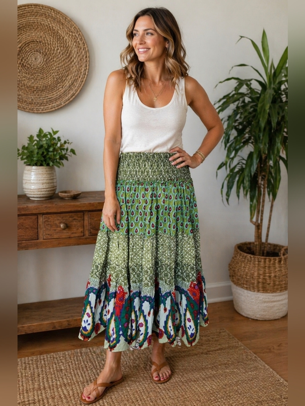 Chaudry KC Skirt Vintage Y2k 90s Green Floral Smocked Gypsy Boho Tiered M